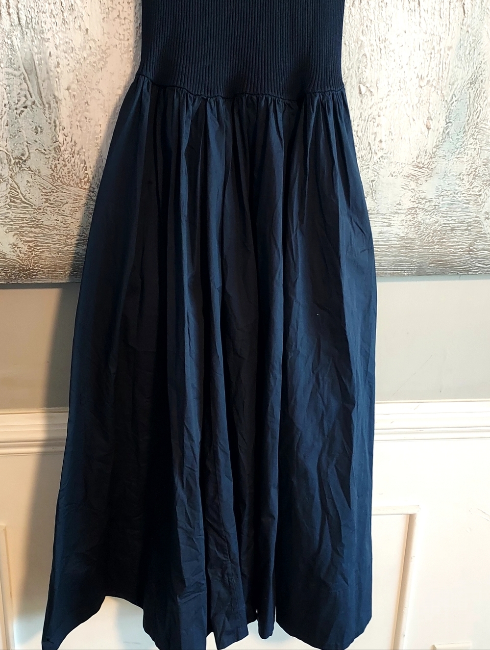 STAUD Ysabel Navy Blue Short-Sleeve Knit Bodice Long Dress With Pockets Sz-L - Picture 3 of 13